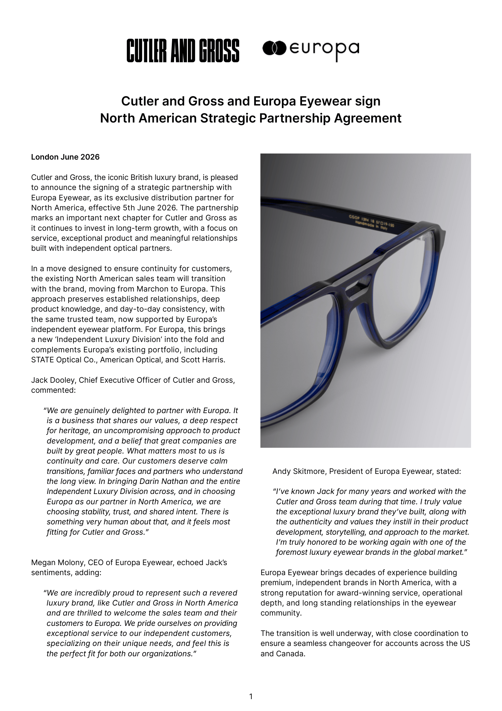 Europa and Cutler and Gross Press Release page 1