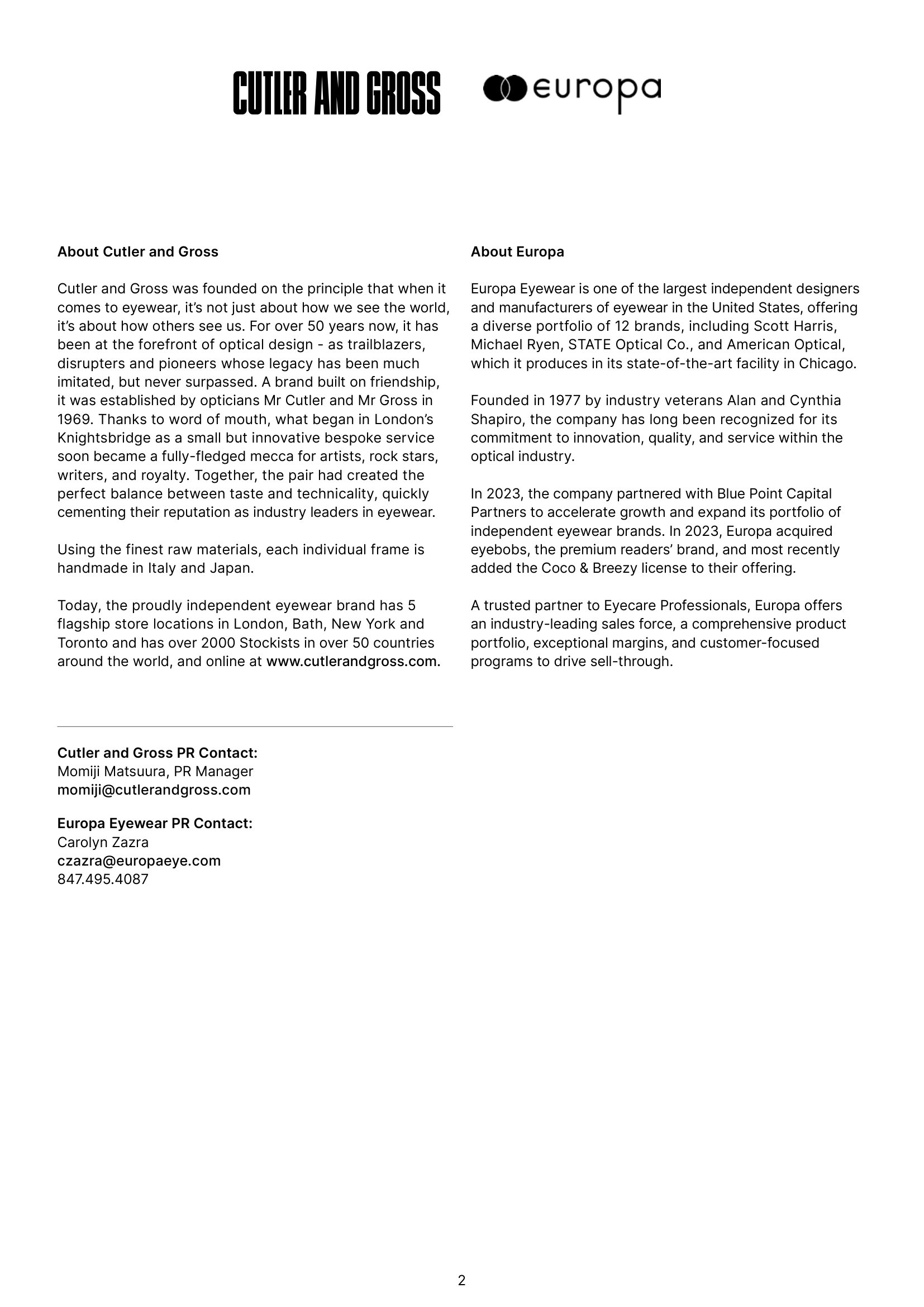 Europa and Cutler and Gross Press Release page 2